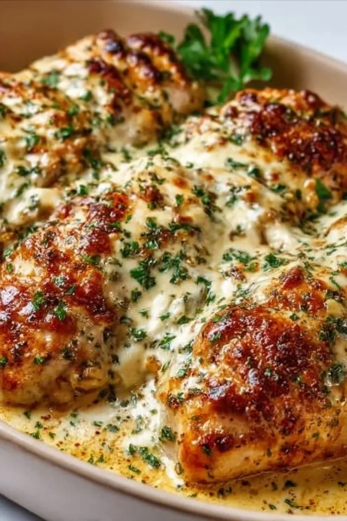 Baked cream cheese chicken dish with fresh herbs and spices