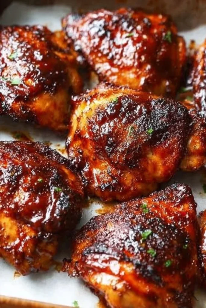 Oven-baked caramelized BBQ chicken thighs served on a platter