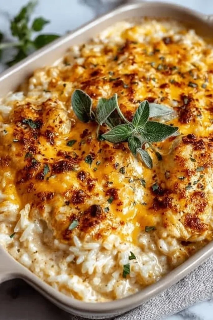 Cheesy Chicken and Rice Casserole served in a baking dish, garnished with parsley.