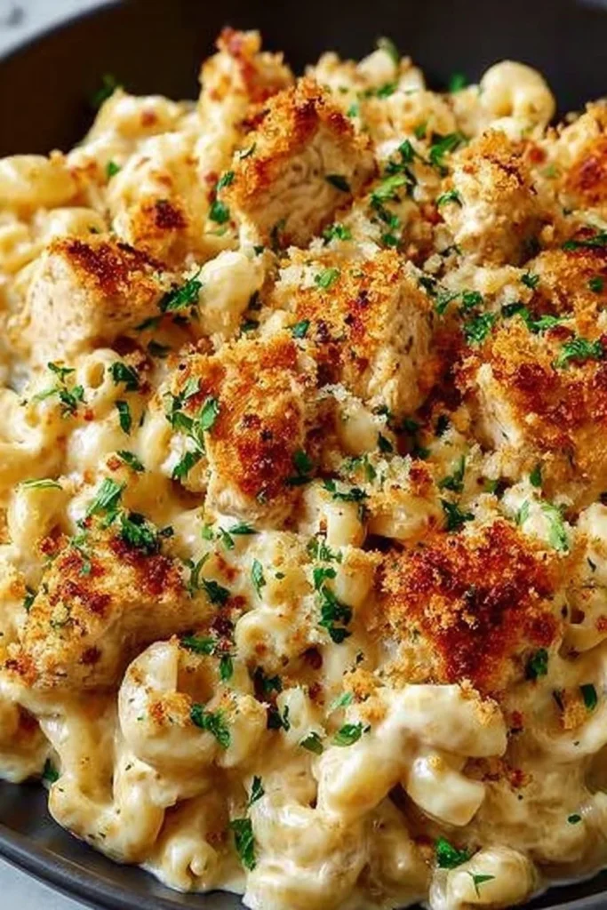 Creamy chicken mac and cheese dish with gooey cheese and tender chicken pieces