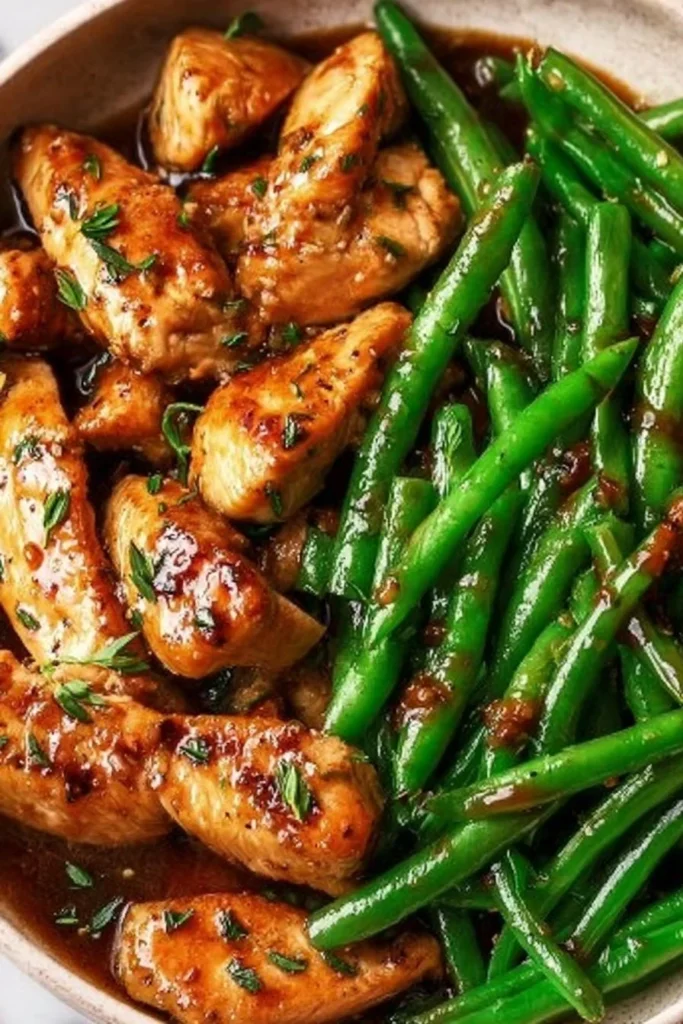 Easy chicken breast served with green beans on a white plate