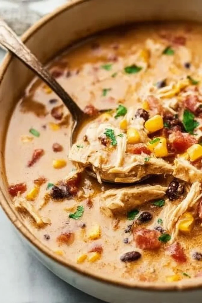 Bowl of easy chicken taco soup topped with cilantro and avocado