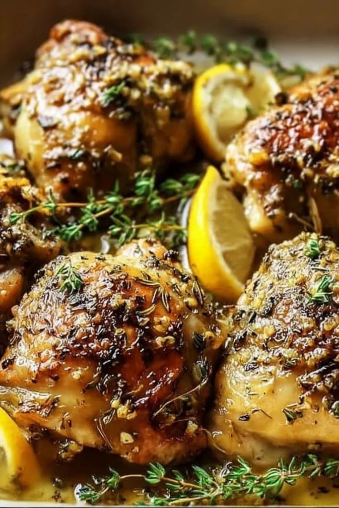 Plate of easy Greek lemon chicken thighs garnished with herbs