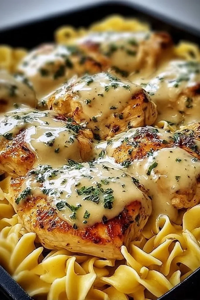 Easy one-pan chicken with buttered noodles served on a plate