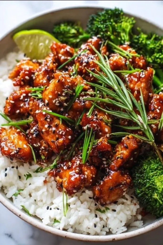 Plate of Easy Spicy Korean Chicken garnished with sesame seeds and green onions.
