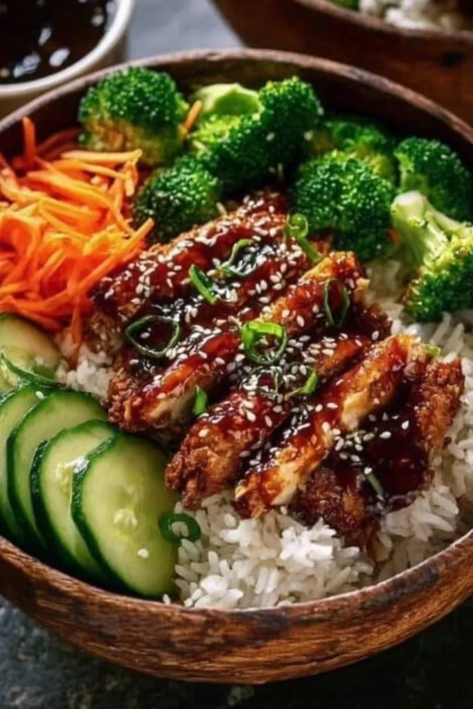 Bowl of healthy sticky chicken with fresh vegetables and rice