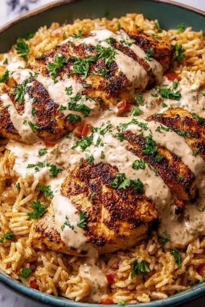 High protein creamy Cajun chicken served with rice, a delicious meal option.