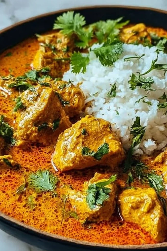 Delicious plate of chicken curry garnished with herbs and spices