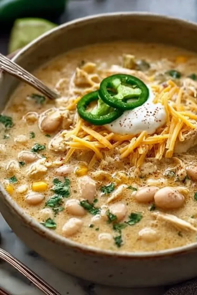 Bowl of slow cooker white chicken chili topped with cilantro and cheese