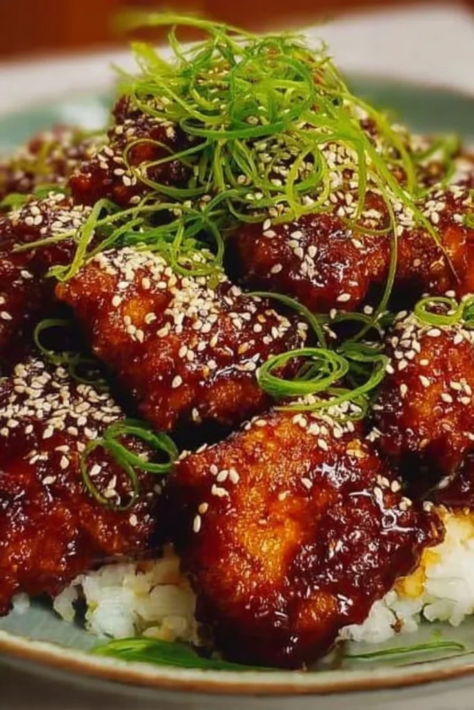 Sticky Honey Gochujang Chicken dish garnished with green onions and sesame seeds