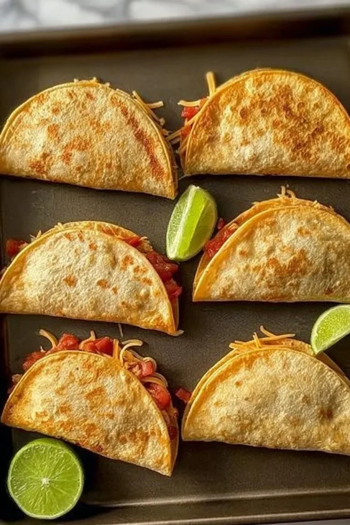 Delicious baked chicken tacos ready to serve, garnished with fresh toppings.