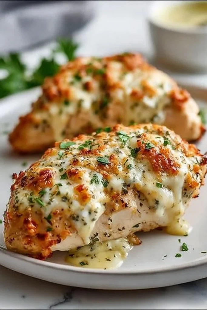 Baked Cream Cheese Chicken dish garnished with herbs and served with vegetables