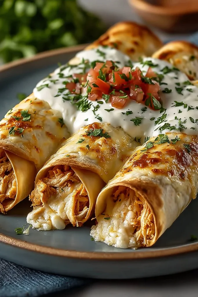 Baked cream cheese chicken taquitos served with salsa and fresh toppings.