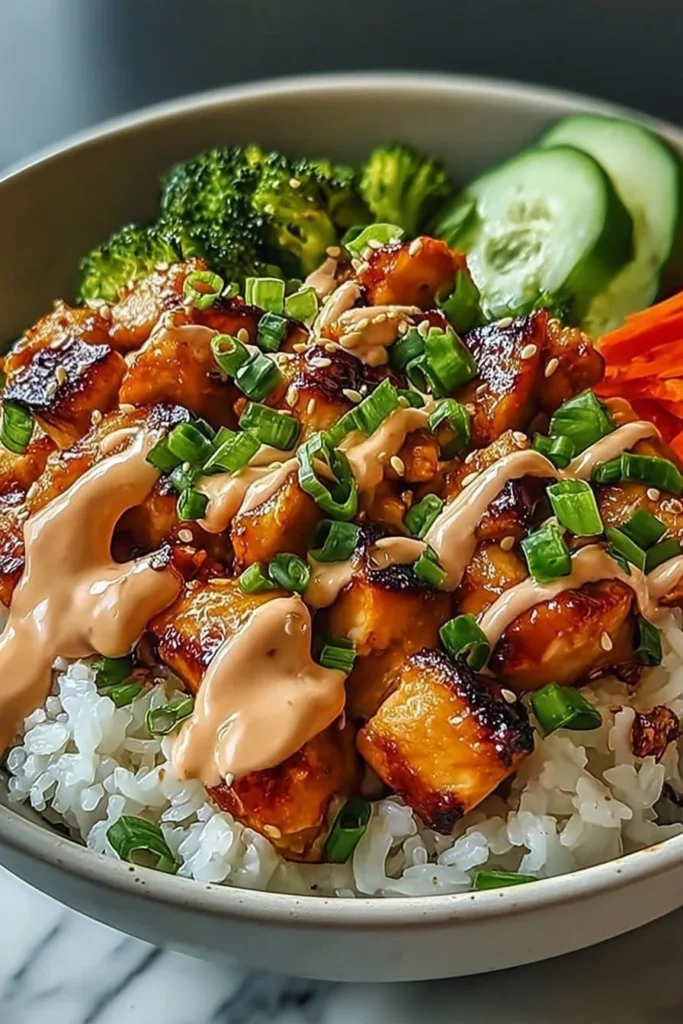 Bang Bang Chicken Bowl with tender chicken and spicy sauce