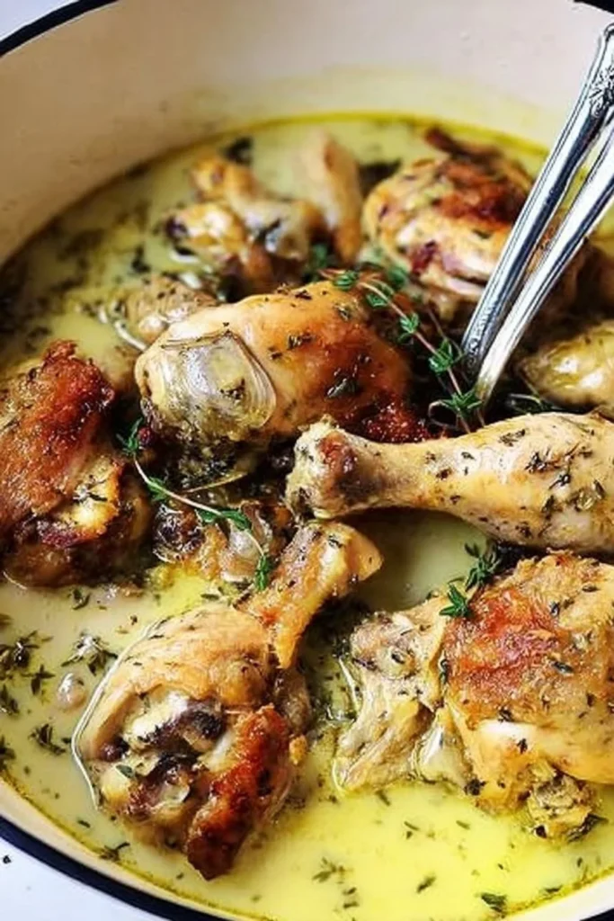 Braised chicken simmering in coconut milk with fresh herbs
