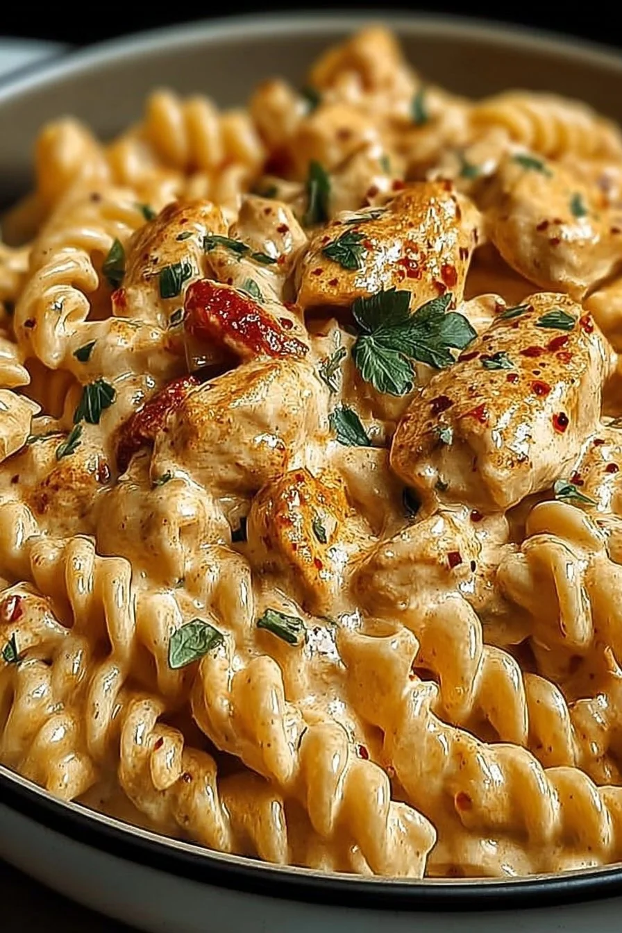 Cajun Cream Cheese Chicken Pasta Bake dish served in a baking dish