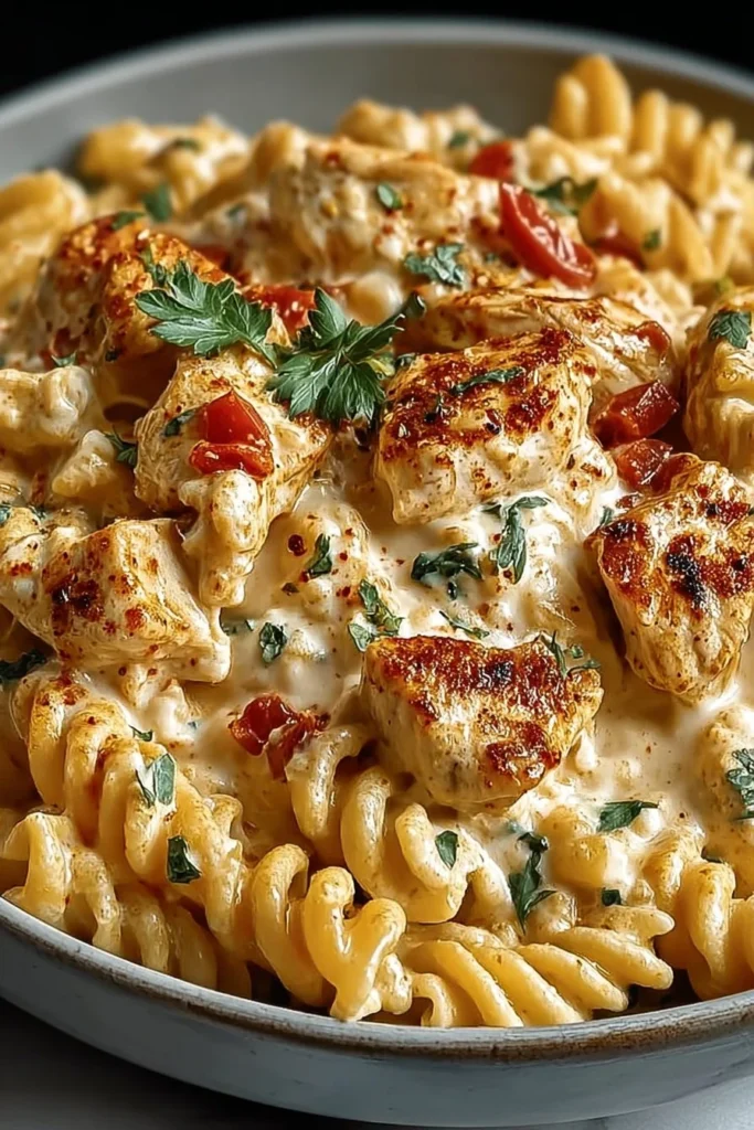 Cajun Chicken Pasta Bake topped with cheese and herbs in a baking dish