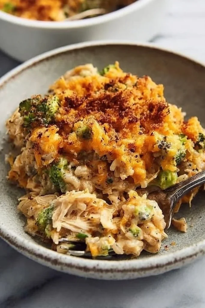 Cheesy chicken broccoli rice casserole served in a baking dish