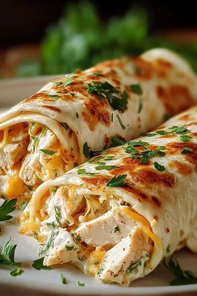 Delicious cheesy chicken garlic wraps on a plate with fresh ingredients