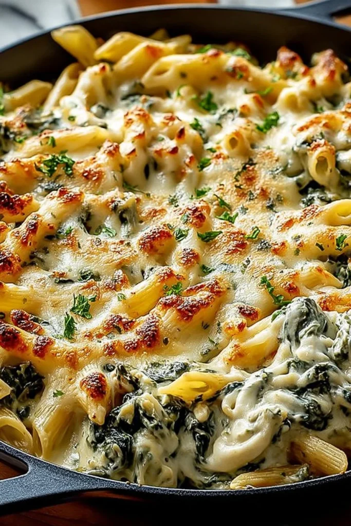 Cheesy Spinach Dip Chicken Pasta served in a bowl with herbs and cheese on top
