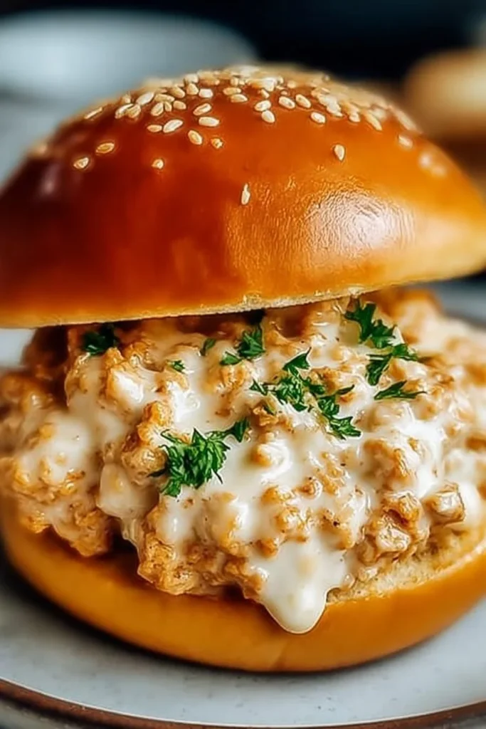 Delicious Chicken Alfredo Sloppy Joes served on a plate