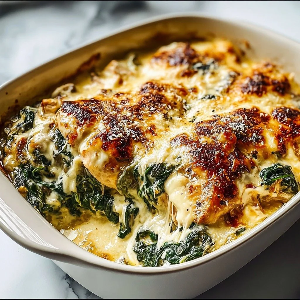 Chicken Spinach Casserole with Cream Cheese served in a baking dish