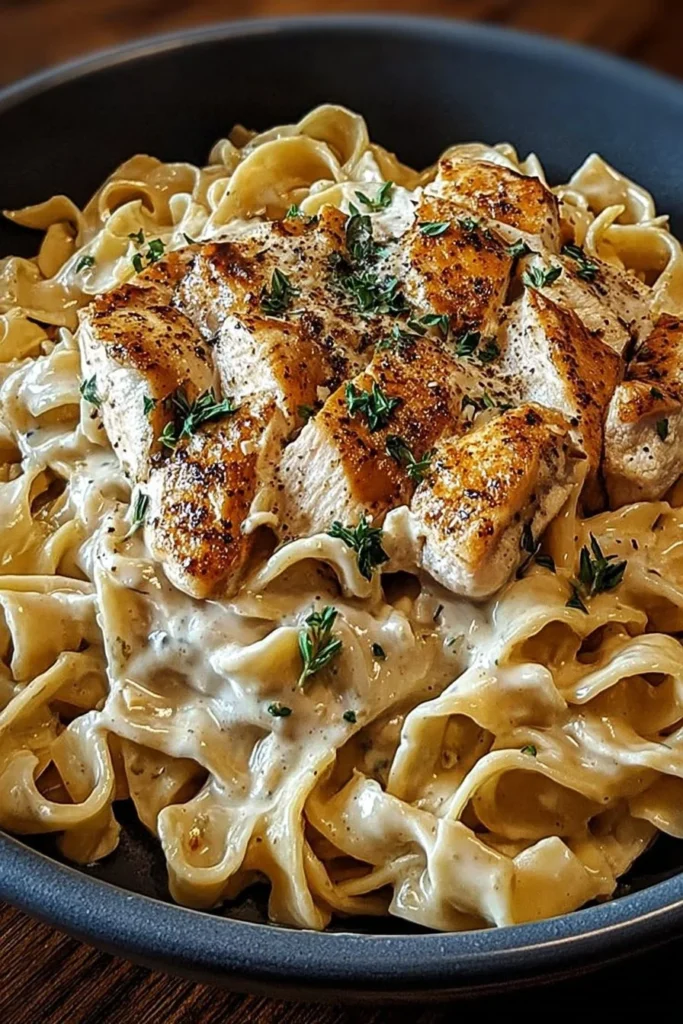 A bowl of Chicken Buttered Noodles garnished with herbs and served hot.