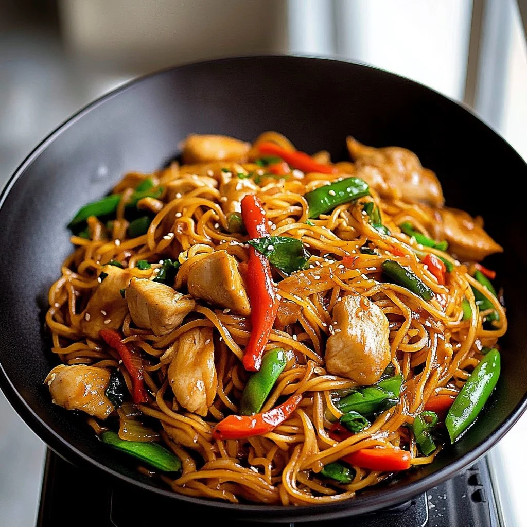 Delicious Chicken Lo Mein served in a bowl with colorful vegetables