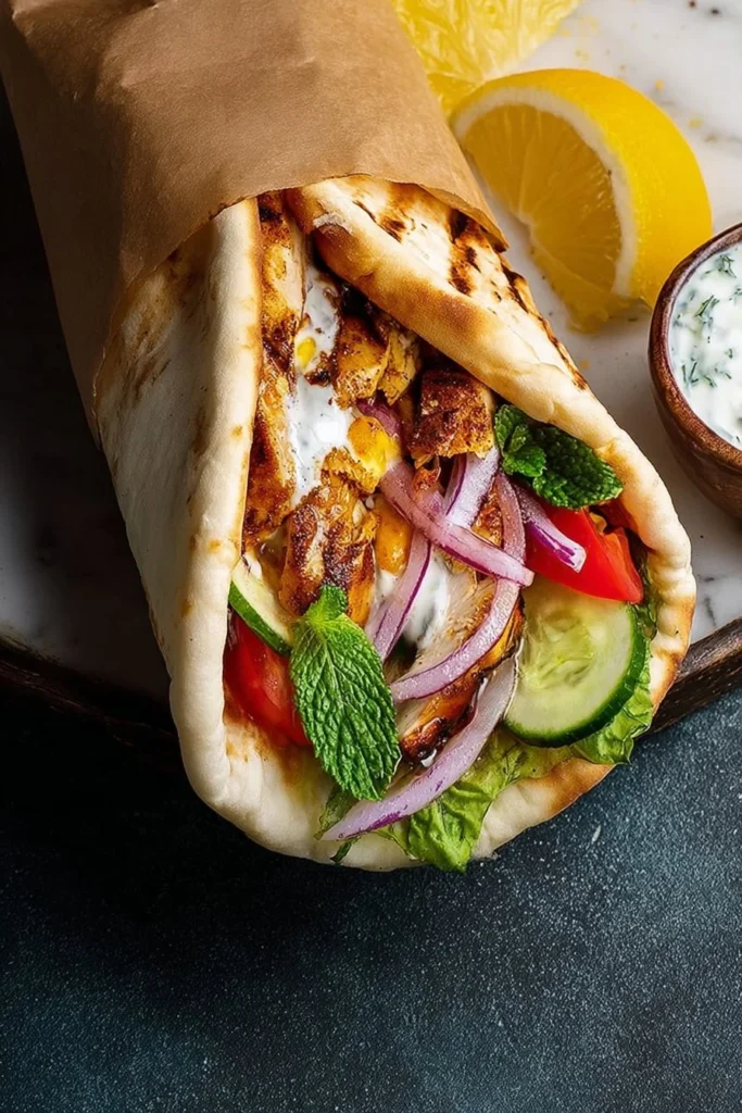 Chicken Shawarma Wraps with marinated chicken and fresh vegetables