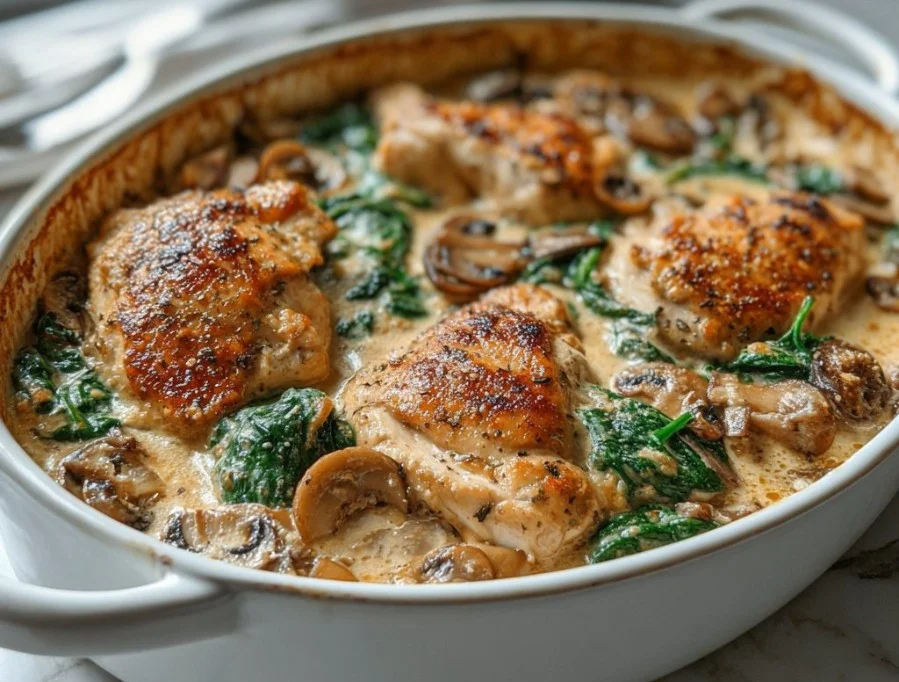 Chicken Spinach Mushroom Bake served on a plate, garnished with herbs.