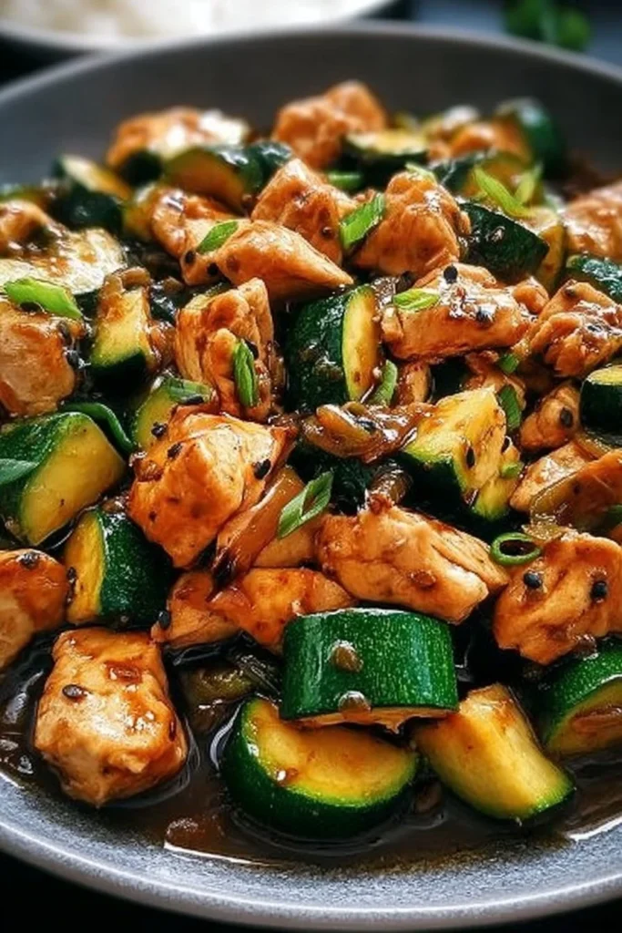 Colorful Chicken Zucchini Stir Fry garnished with herbs in a skillet