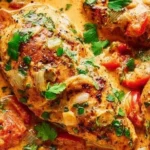 Creamy coconut milk chicken served with fresh herbs and spices