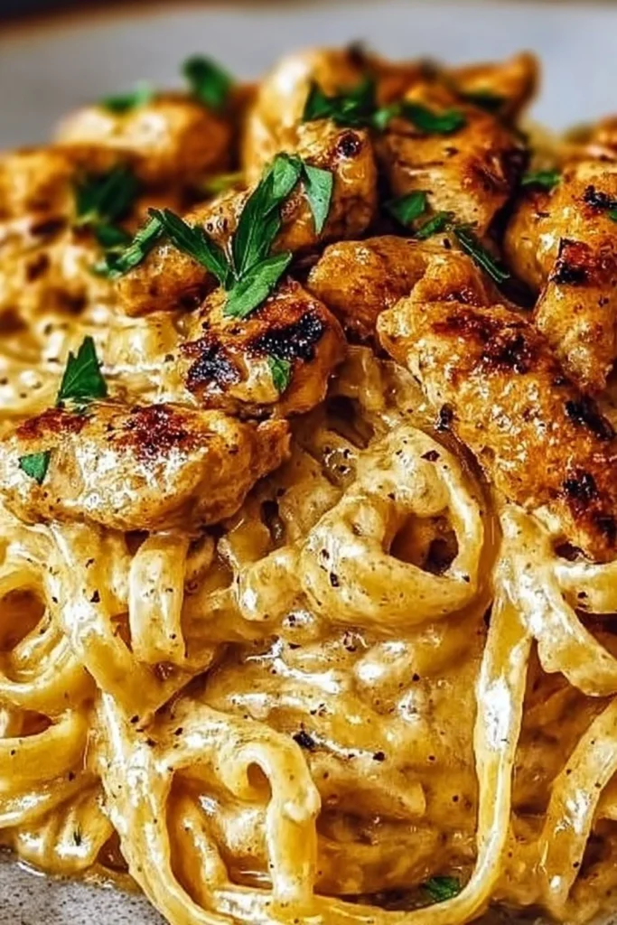 Cowboy Butter Chicken Linguine dish featuring creamy butter chicken sauce over pasta.