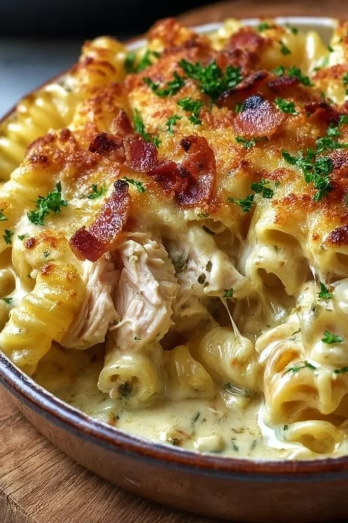 Delicious Crazy Good Chicken Pasta Casserole with creamy sauce and cheese