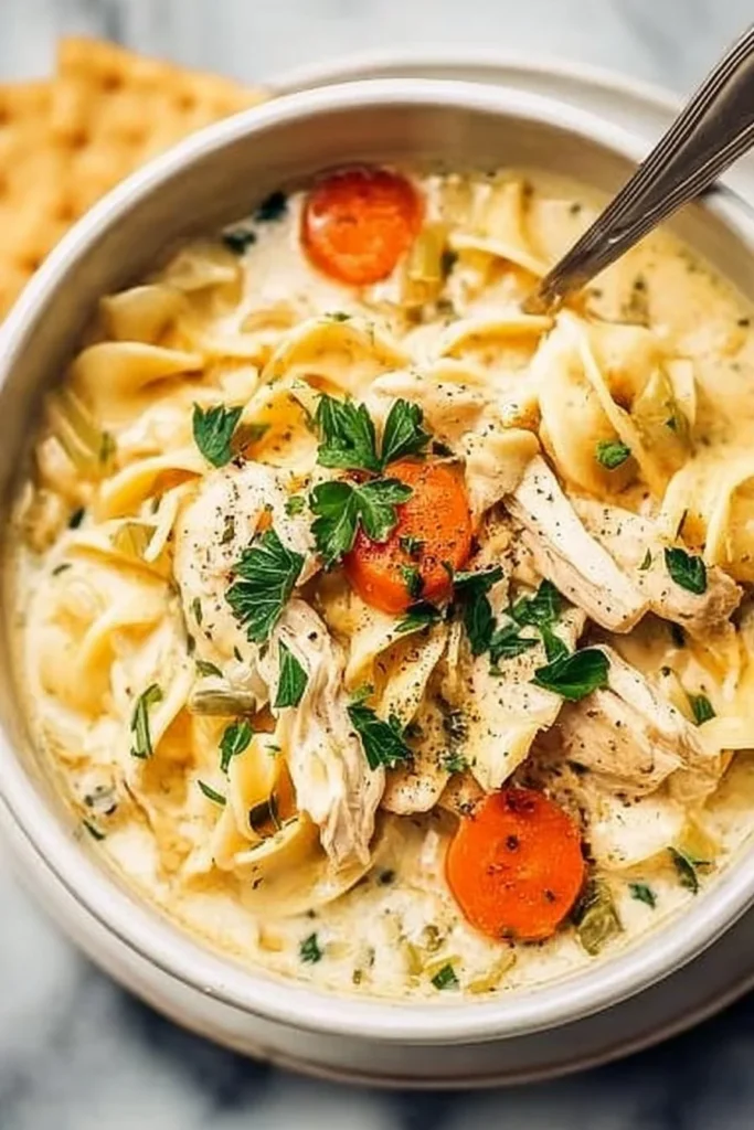 Bowl of creamy chicken noodle soup with vegetables and herbs
