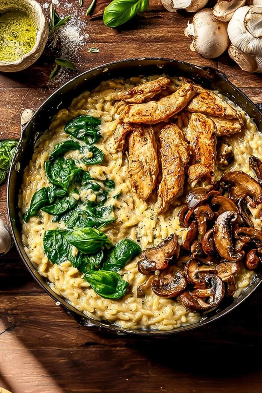 Delicious creamy chicken orzo dish served in a bowl with herbs
