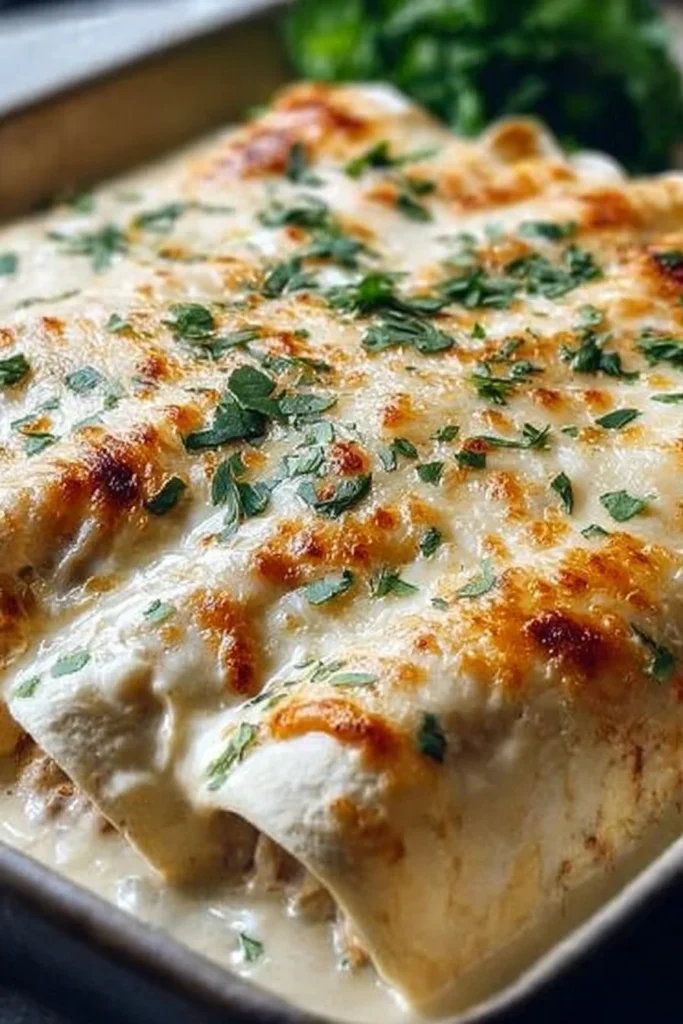 Delicious creamy white chicken enchiladas served on a plate with toppings