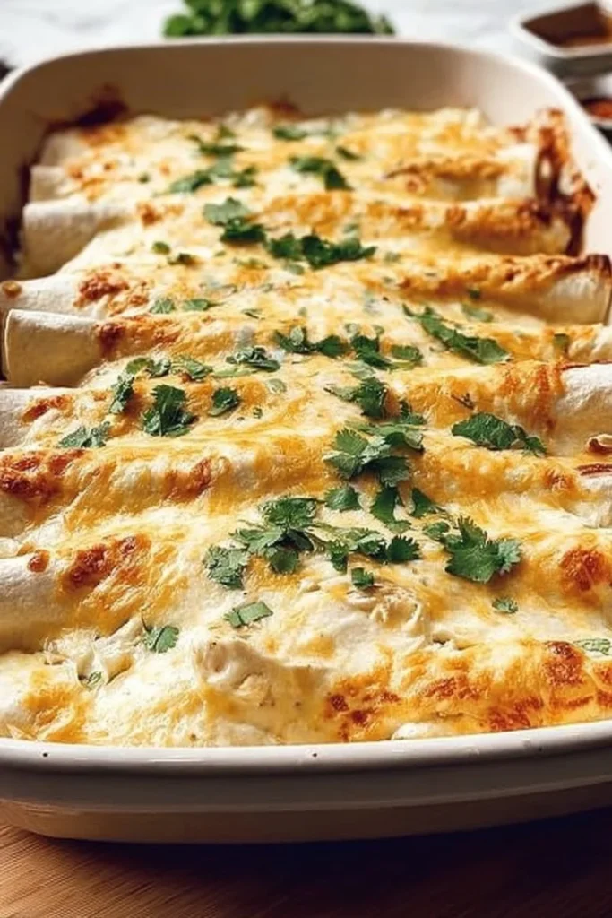 Delicious creamy white chicken enchiladas topped with cheese and cilantro