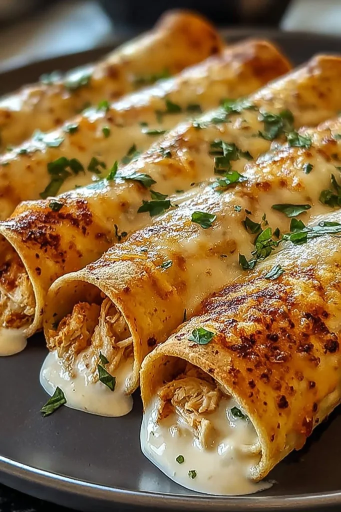 Plate of Crispy Chicken Taquitos served with dipping sauces.