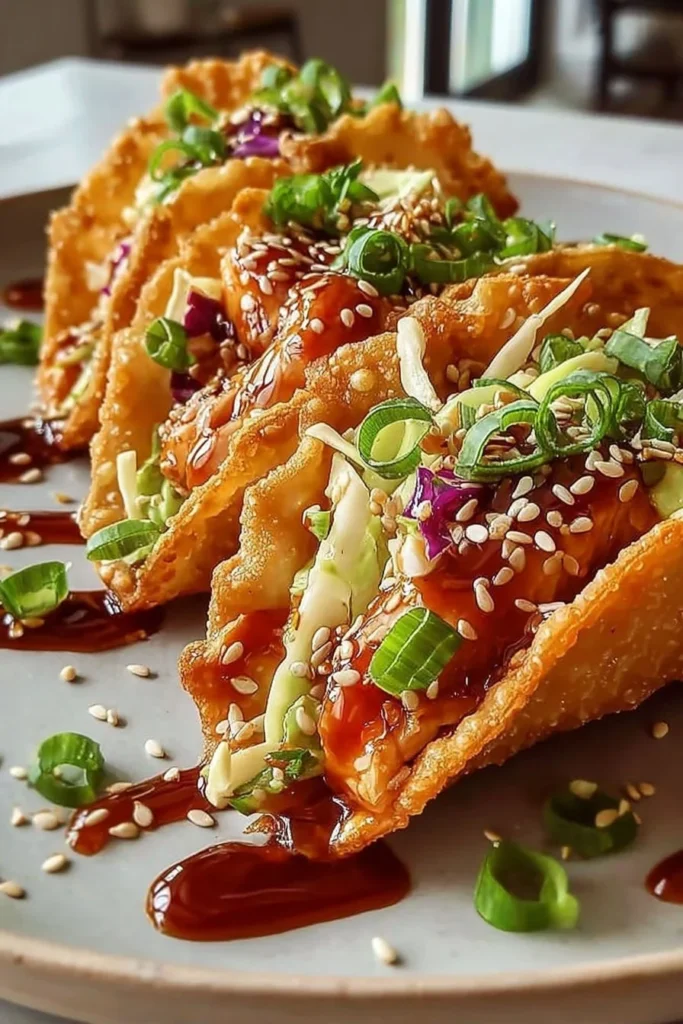 Crispy chicken tacos served in wonton shells with fresh toppings