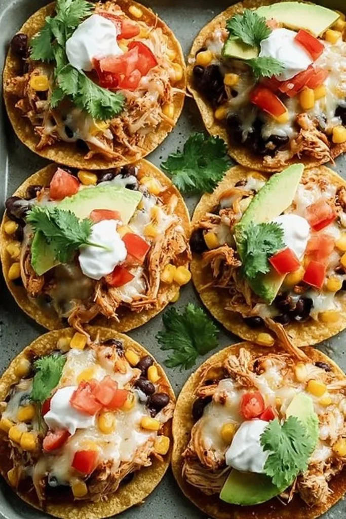 Crispy rotisserie chicken tostadas topped with fresh vegetables and salsa