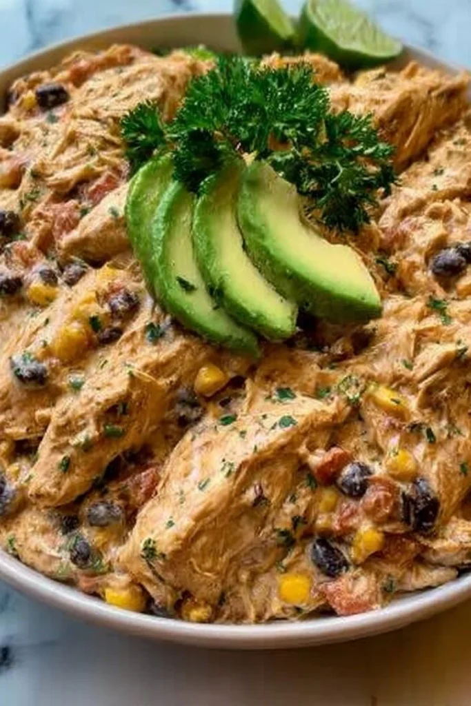 Crock Pot Fiesta Chicken recipe served in a bowl with toppings.