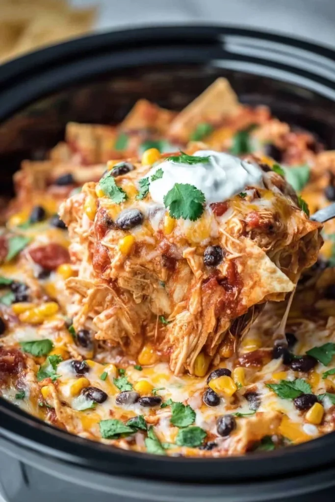 Crockpot Chicken Enchilada Casserole topped with cheese and fresh herbs