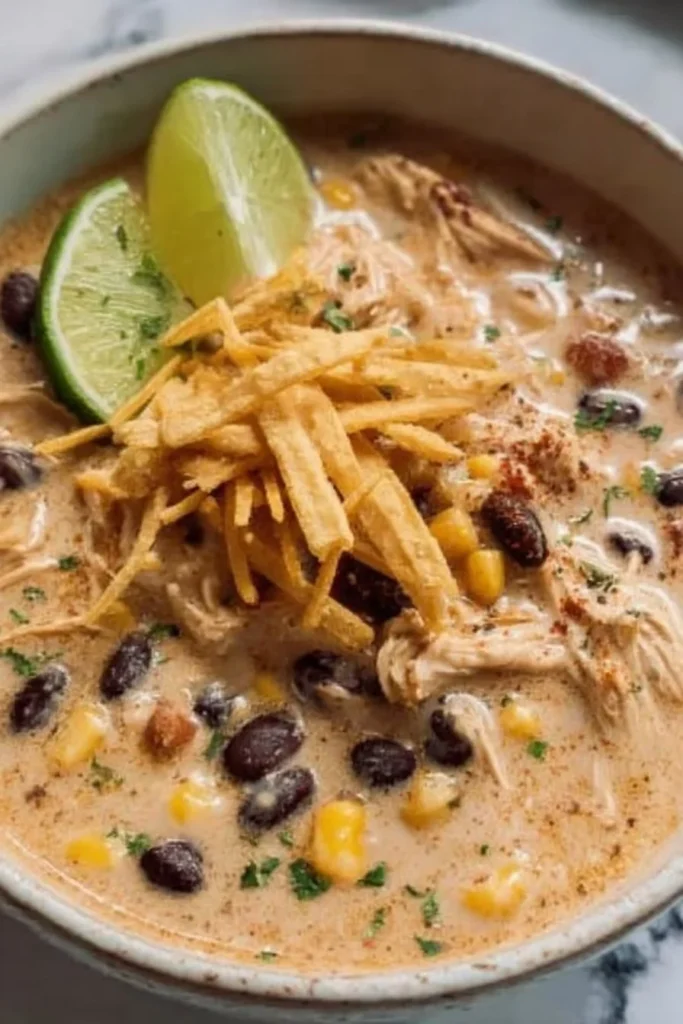 Bowl of delicious Crockpot White Chicken Chili topped with cilantro and lime