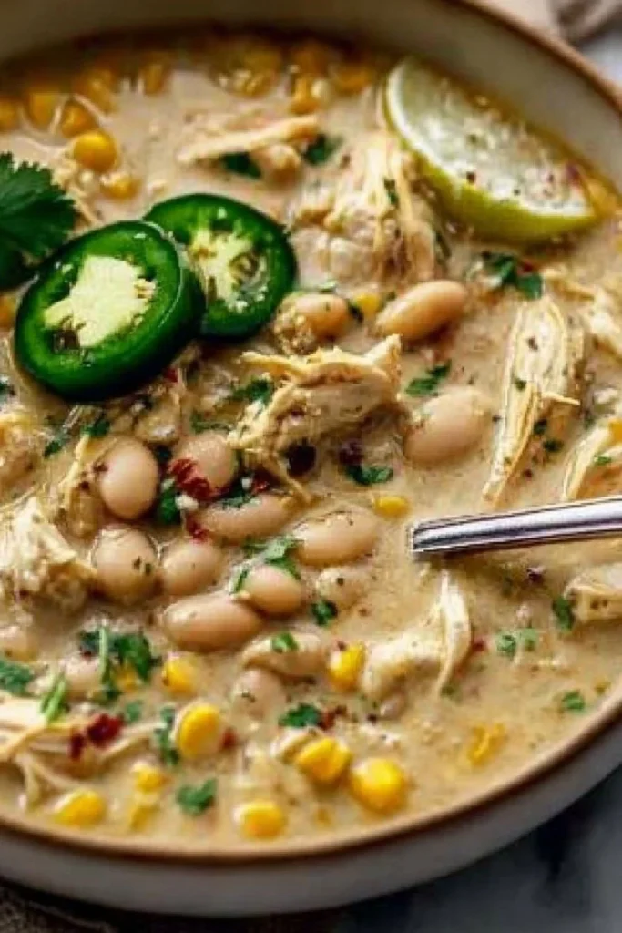 Bowl of delicious Crockpot White Chicken Chili topped with cilantro