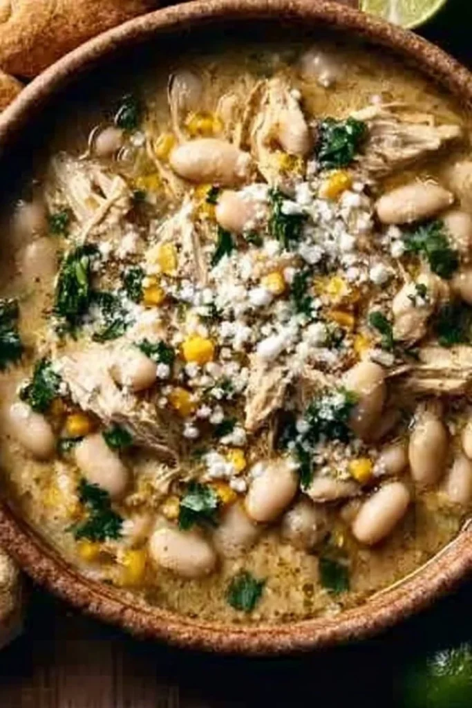Bowl of creamy Crockpot White Chicken Chili garnished with cilantro and jalapeños.