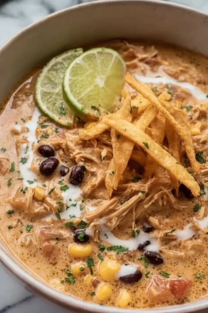 Crockpot White Chicken Chili with Cream Cheese served in a bowl