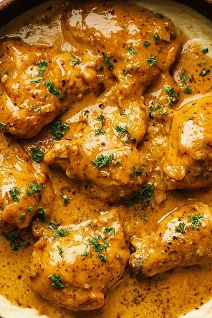 Delicious Southern Smothered Chicken served with gravy and side dishes