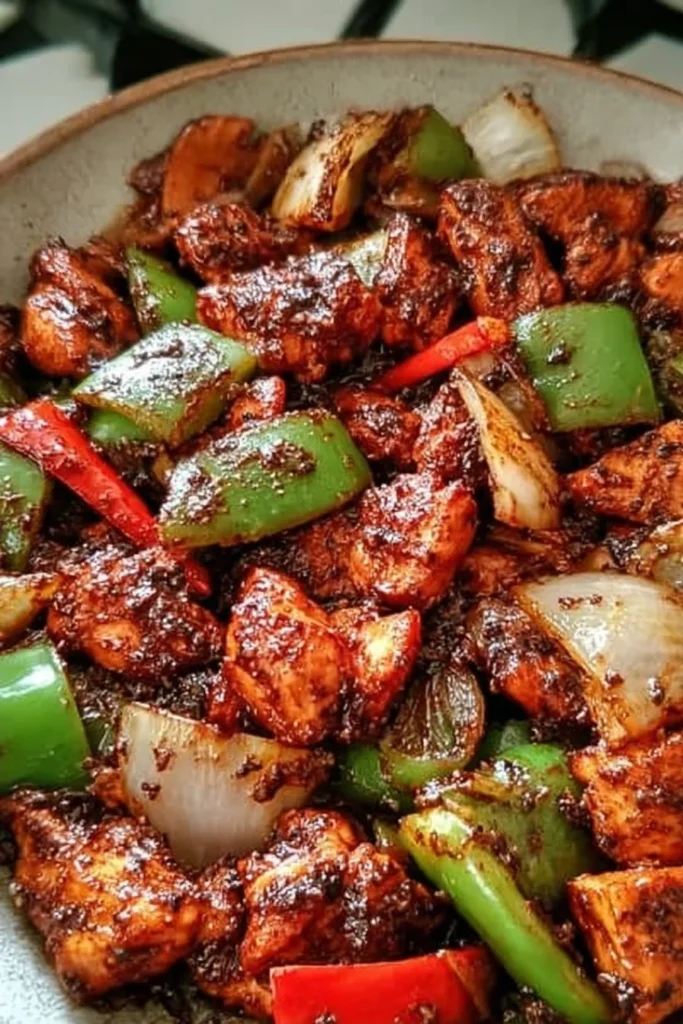 Delicious easy Black Pepper Chicken served with vegetables.