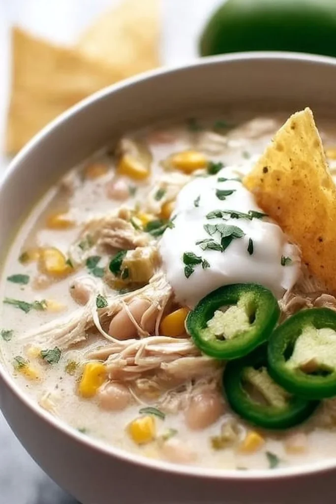 Bowl of Easy Crockpot White Chicken Chili Soup garnished with cilantro and lime.